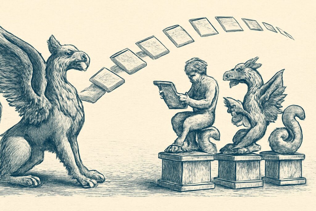 Editorial illustration in metal-engraving style depicting a mixed-resource NDJSON stream dispatched to type-specific handlers with an id index