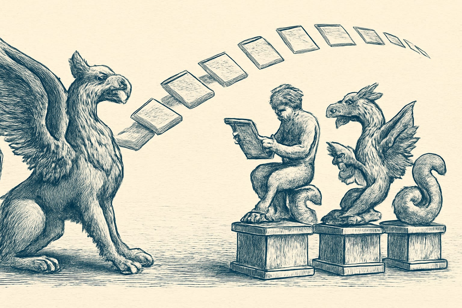 Editorial illustration in metal-engraving style depicting a mixed-resource NDJSON stream dispatched to type-specific handlers with an id index