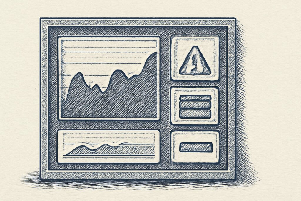 Editorial illustration in metal-engraving style depicting an NDJSON ingestion monitoring dashboard with throughput, error rate, batch, and ETA panels