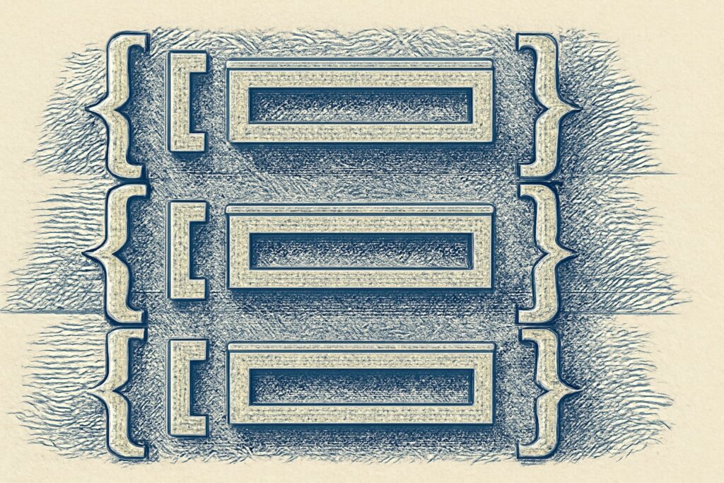 Editorial illustration in metal-engraving style depicting an NDJSON file with each line marked as a complete JSON value