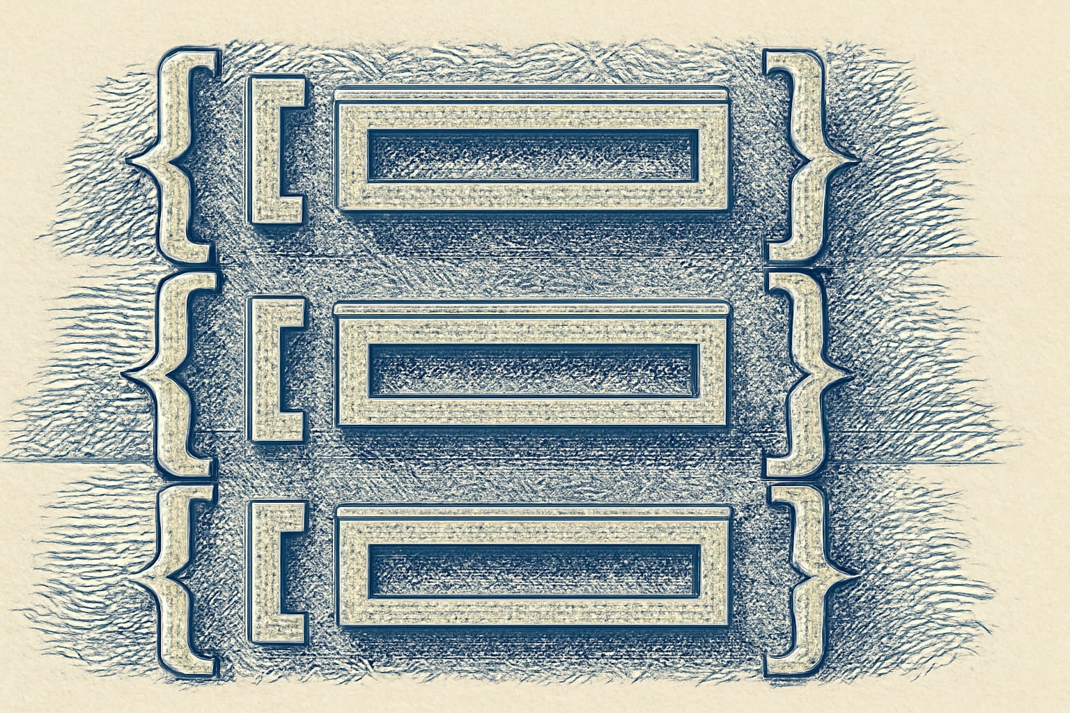Editorial illustration in metal-engraving style depicting an NDJSON file with each line marked as a complete JSON value