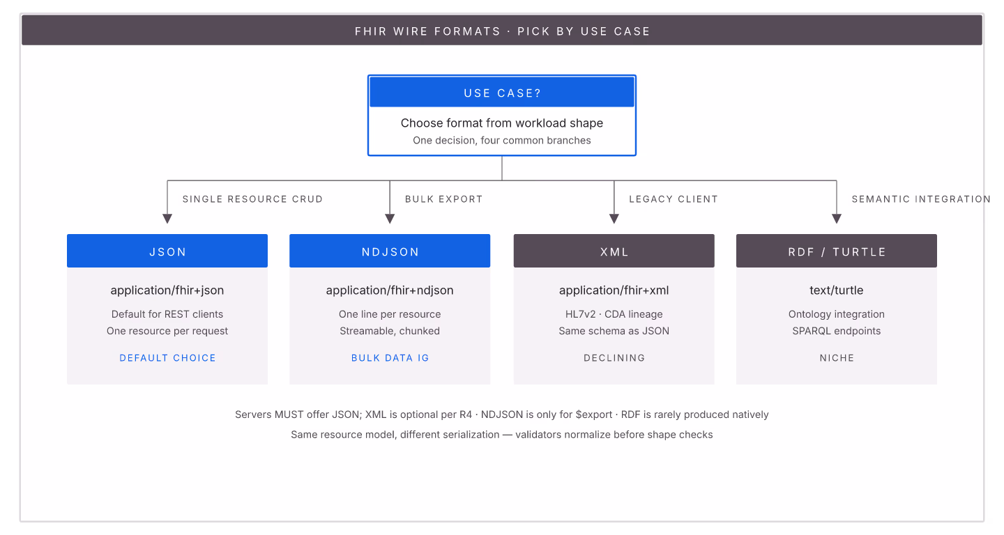 Choosing the right FHIR serialization format — JSON, NDJSON, XML, RDF/Turtle — by use case.