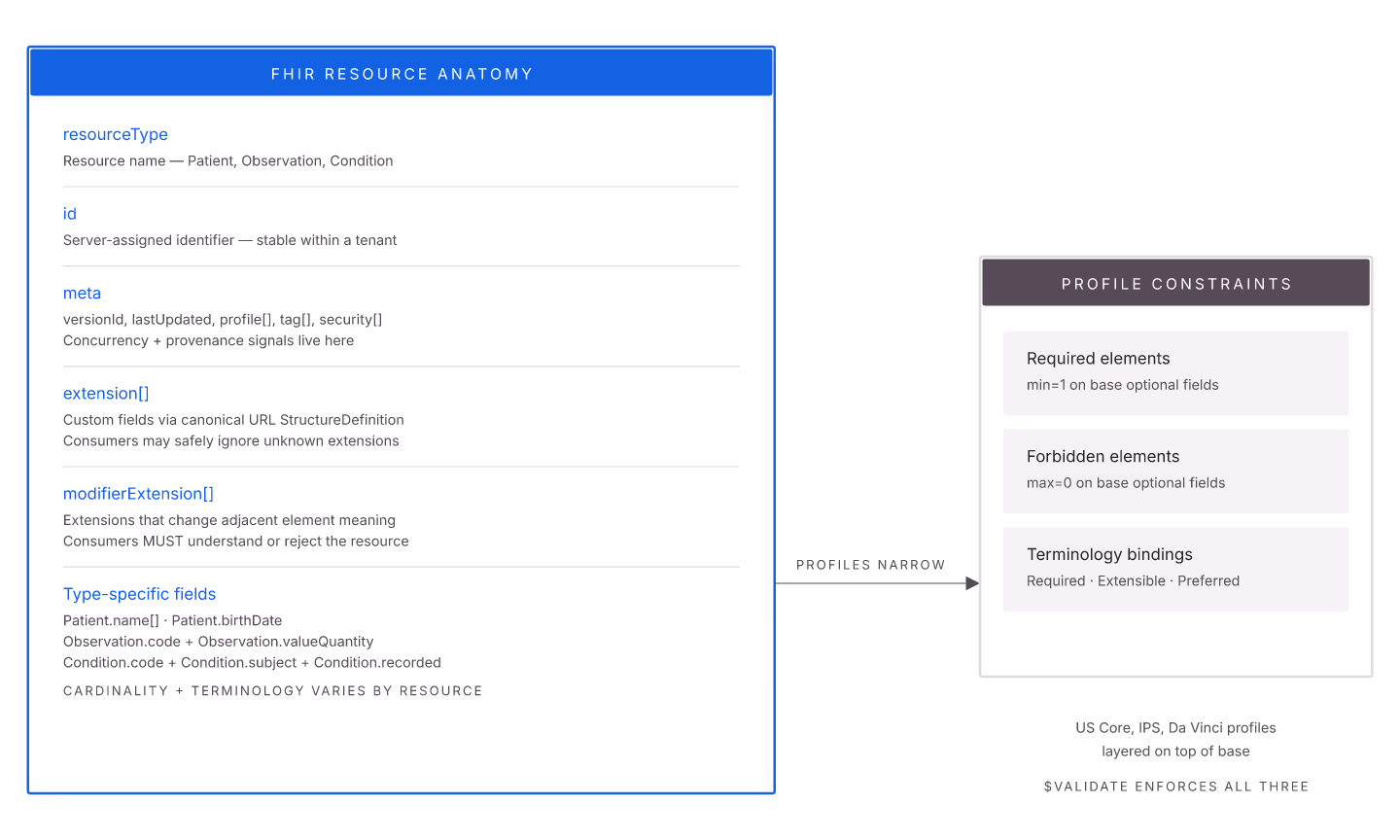 FHIR resource anatomy — resourceType, id, meta, extension, modifierExtension, type-specific fields — narrowed by profile constraints.