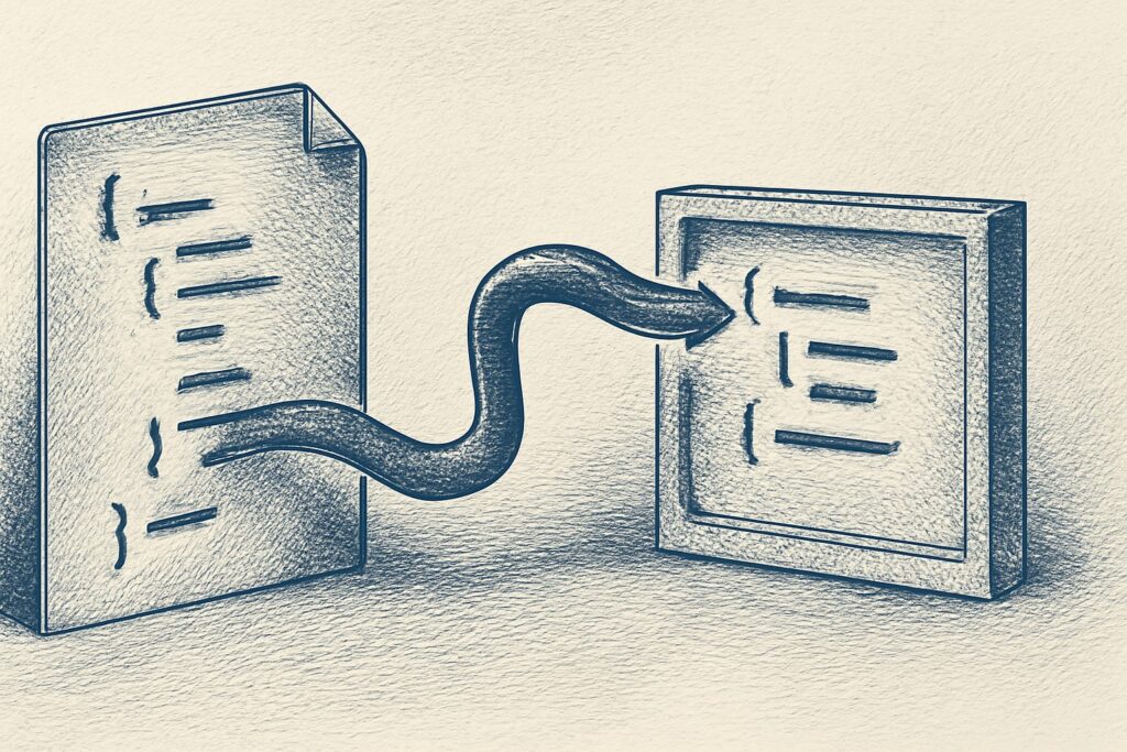 Editorial illustration in metal-engraving style depicting an NDJSON file being read line-by-line with a small memory window
