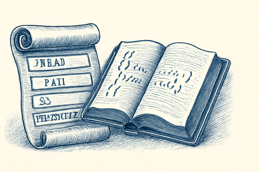 Editorial illustration in metal-engraving style depicting an NDJSON sample check with head, tail, type tally, and malformed-line report
