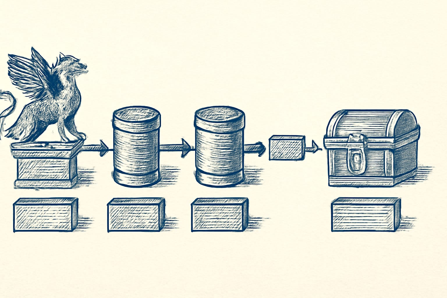 Editorial illustration in metal-engraving style depicting an NDJSON ingestion pipeline with read, validate, batch, and bulk-insert stages